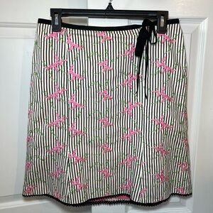 Nanette Lepore Black & White Stipped Pink Embroidered Floral Lined Skirt Women 8